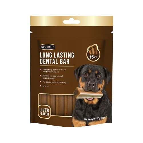 41kVNYouAGL.716muWbBS5L.jpg Goodies Dog Treats Long Lasting Dental Bar, Made of Tapioca Starch, Free from Grain, Corn or Soy, Promote Healthy Gums & Teeths, Liver - 15 in 1 Small, 425g (Pack of 2) by - Image 1