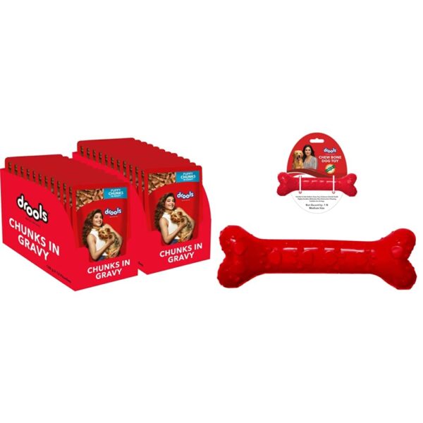 Puppy Wet Dog Food, Real Chicken and Chicken Liver Chunks in Gravy, 24 Pouches (24 x 150g)&Drools Non-Toxic Rubber Dog Chew Bone Toy, Puppy/Dog Teething Toy (Medium) - 5 inches, Red