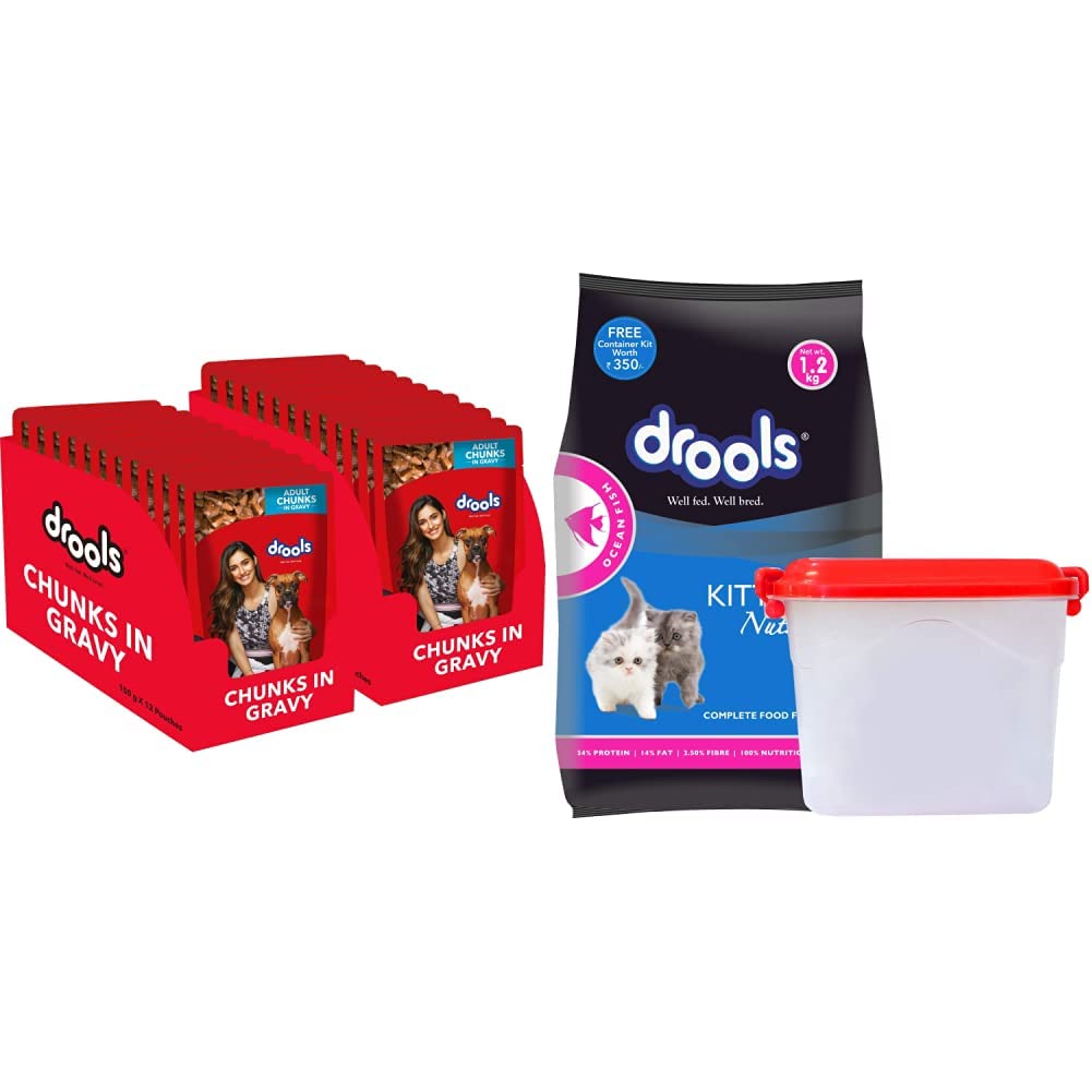 516mr2fFtSL.716muWbBS5L.jpg Adult Wet Dog Food, Real Chicken and Chicken Liver Chunks in Gravy, 24 Pouches (24 x 150g)&Drools Kitten(1-12 Months) Dry Cat Food, Ocean Fish, 1.2kg with Free Container - Image 1