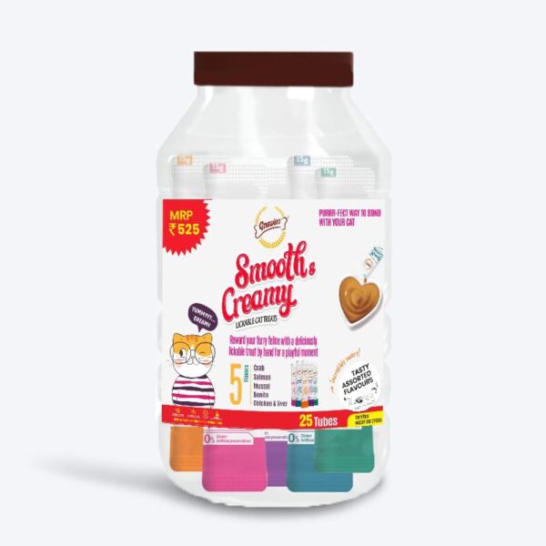 Smooth Creamy Treat for Cats with Tasty Crab, Salmon, Liver, Mussel, Bonito Single Tubes Jar (Pack of 25 Tubes X 15G)  All Life Stages