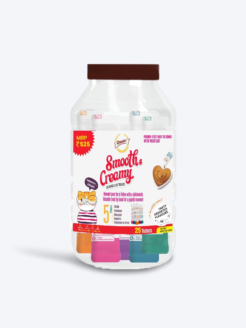 51JDgV4zyZL.716muWbBS5L.jpg Smooth Creamy Treat for Cats with Tasty Crab, Salmon, Liver, Mussel, Bonito Single Tubes Jar (Pack of 25 Tubes X 15G) All Life Stages - Image 1
