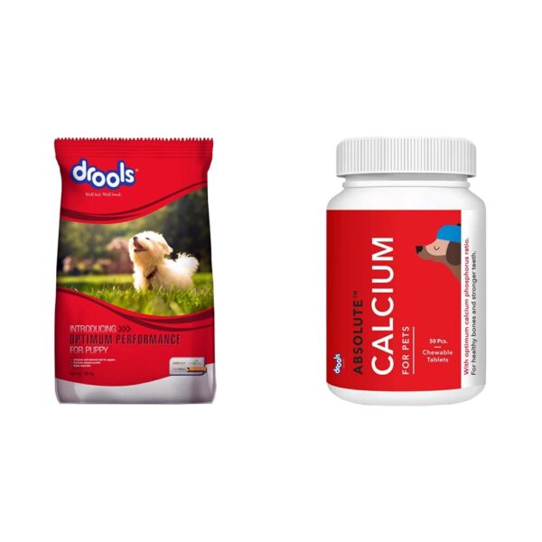 Optimum Performance Puppy Dry Dog Food, Chicken Flavor, 20kg&Drools Absolute Calcium Tablet- Dog Supplement, 50 Pieces