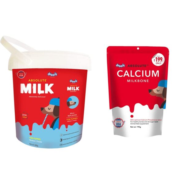 Absolute Powder Milk for Newborn Puppies,Baby Dog, 500g&Drools Absolute Calcium Bone Pouch for All Life Stages Dog, Chicken, 190 g