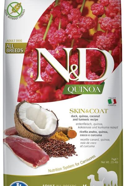 FARMINA PET Foods Quinoa Skin and Coat Dry Dog Food, Grain-Free, Adult Breed, 7-kg, Duck Coconut and Turmeric