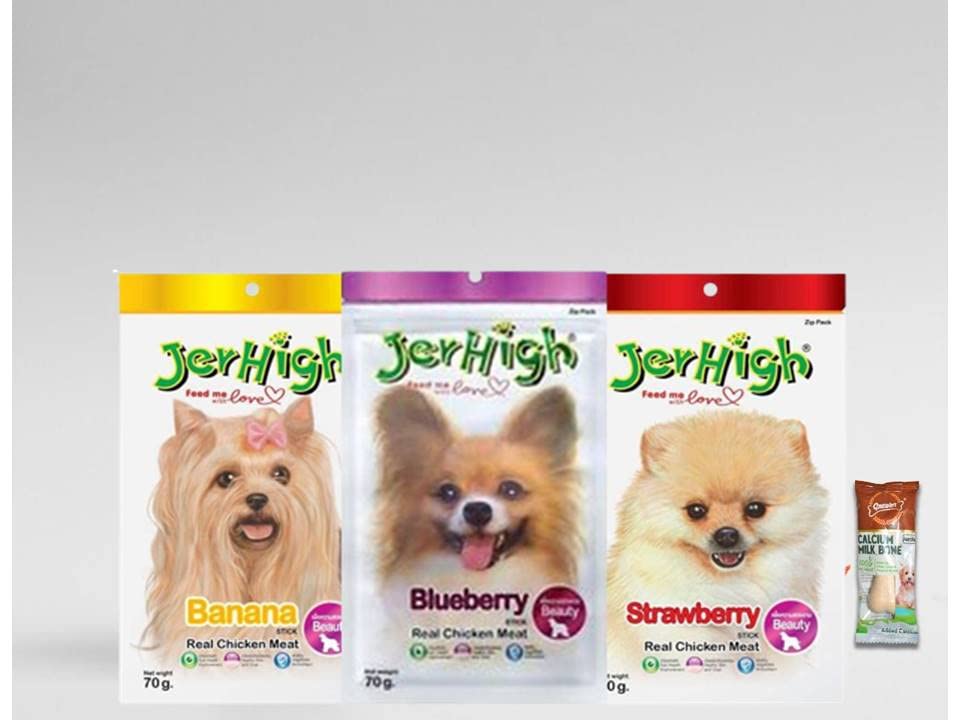 51raEXh2wKL.716muWbBS5L.jpg DogsNCats Real Chicken Food Treat Stick Blueberry, Banana, Strawberry Flavor 3 Pack Combo Set 70g for Dogs with Free Gnawlers Calcium Bone 23g (1pc) Sold by DogsNCats - Image 1