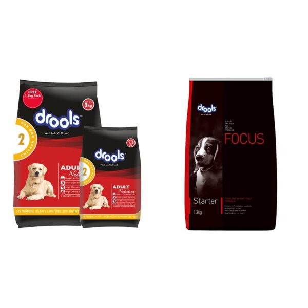 Chicken and Egg Adult Dry Dog Food, 3 kg with Free 1.2 kg&Drools Focus Starter Super Premium Dry Dog Food, Chicken Flavour, 1.2kg