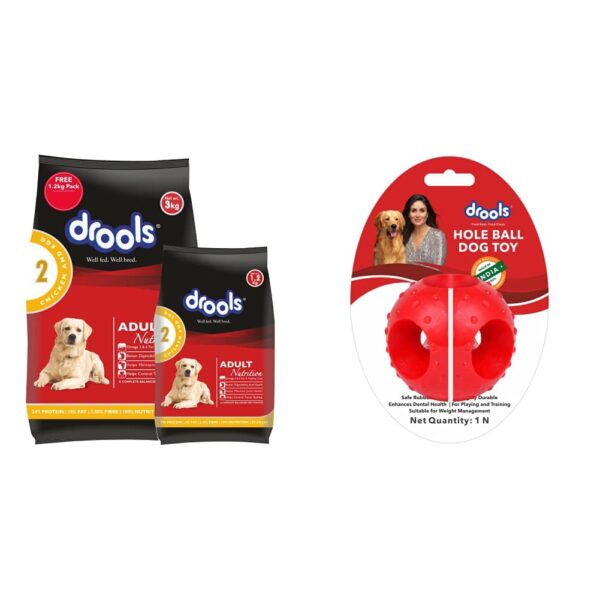 Chicken and Egg Adult Dry Dog Food, 3 kg with Free 1.2 kg&Drools Non-Toxic Rubber Hole Ball Chew Toy, Puppy/Dog Teething Toy - 3 inches