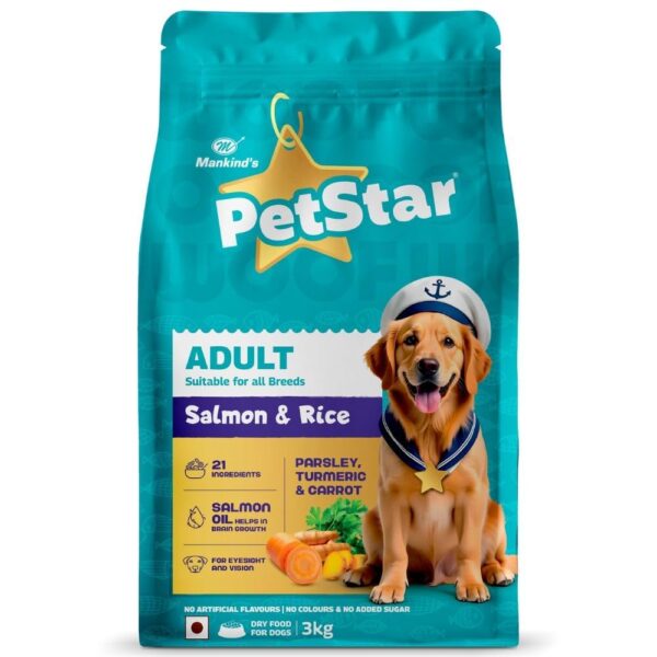 Mankind Petstar Adult Dry Dog Food (High Protein) Salmon & Rice Flavor, 1kg Pack | Improves Muscle & Strength, Supports Immunity, Protects Liver & Kidney