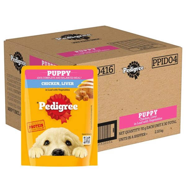 Pedigree Puppy Wet Dog Food, Chicken Liver in Loaf with Vegetables, 70 g (Pack of 30), Supports Healthy Immune System, Complete & Balanced Nutrition for Puppies