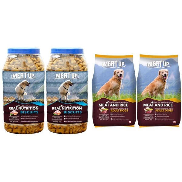 Meat Up Meat and Rice Adult Dry Dog Food, 3kg (Buy 1 Get 1 Free)&Meat Up Chicken Flavour Real Chicken Biscuit for All Life Stages Dog, 1kg (Buy 1 Get 1 Free)