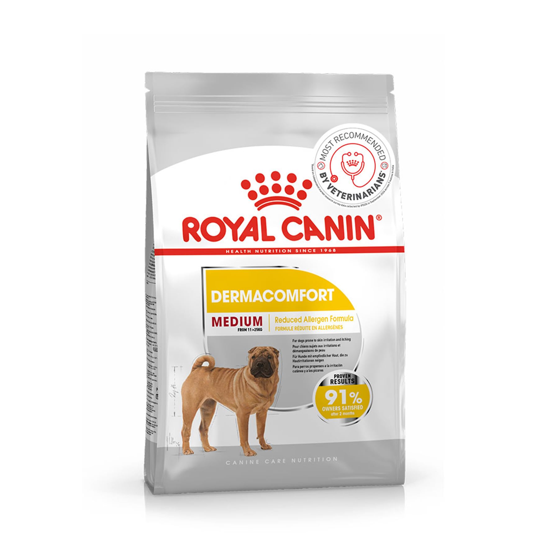 615biaeapJL.716muWbBS5L.jpg Royal Canin Derma Comfort Medium Adult Dog Food, 3 Kg, with Reduced Allergen Formula, Helpful for Dogs Prone to Skin Irritation & Itching, Proven Results in 2 Months - Image 1