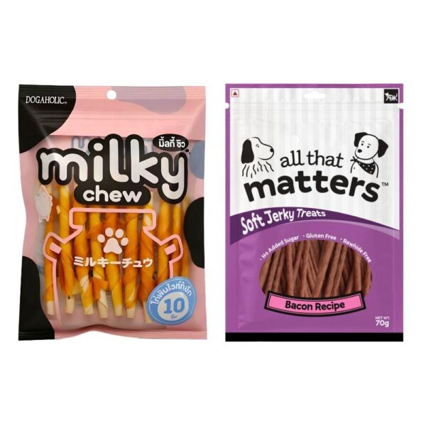 Dogaholic Milky Chew Chicken Stick Style Dog Treats, 10 Pieces & All that Matters™ Bacon Recipe Soft Jerky Treats, 70g
