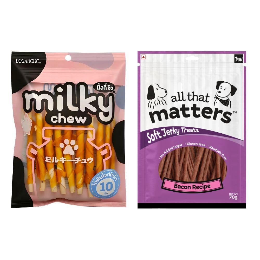 617Hb4GMNjL.716muWbBS5L.jpg Dogaholic Milky Chew Chicken Stick Style Dog Treats, 10 Pieces & All that Matters™ Bacon Recipe Soft Jerky Treats, 70g - Image 1