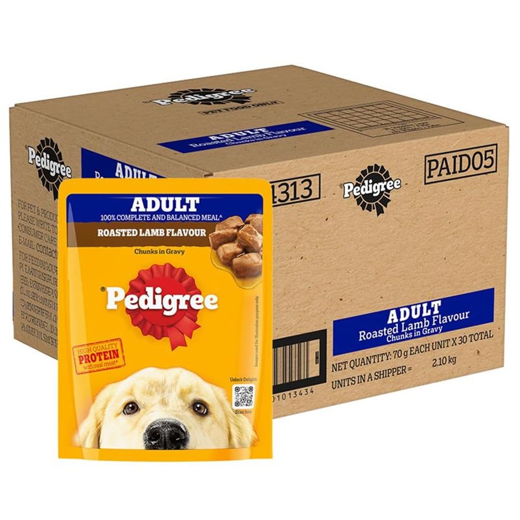 6185gV2ST7L.716muWbBS5L.jpg Pedigree Adult Wet Dog Food, Roasted Lamb Flavour Chunks in Gravy, 70 g (Pack of 30), Made with Real Meat, Complete & Balanced Nutrition for Adult Dogs - Image 1