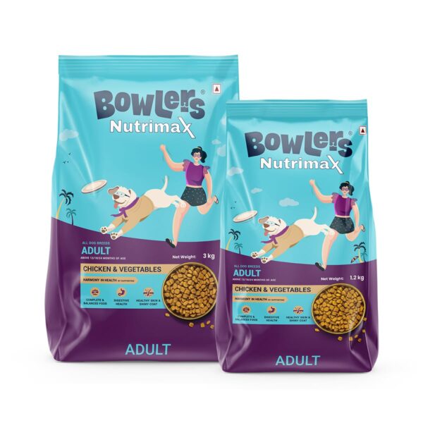 Bowlers Nutrimax Adult Dry Dog Food | Chicken & Vegetables | 1.2 kg + 3kg | Protein | Smooth Digestion & Healthy Coat | Complete & Balanced Nutrition | Enriched with Essential Amino Acids