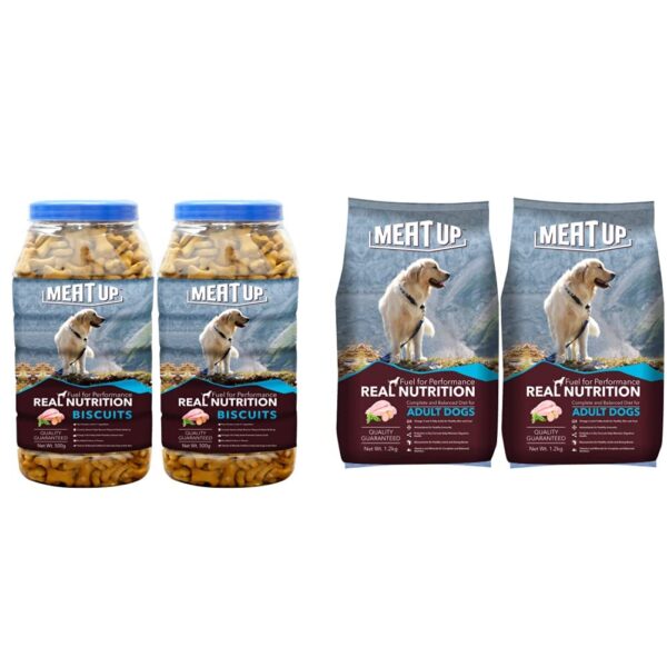 Meat Up Mutton Flavour, Real Chicken Biscuit, Dog Treats -500g Jar (BOGO) and Adult Dog Food, 1.2 kg (BOGO)