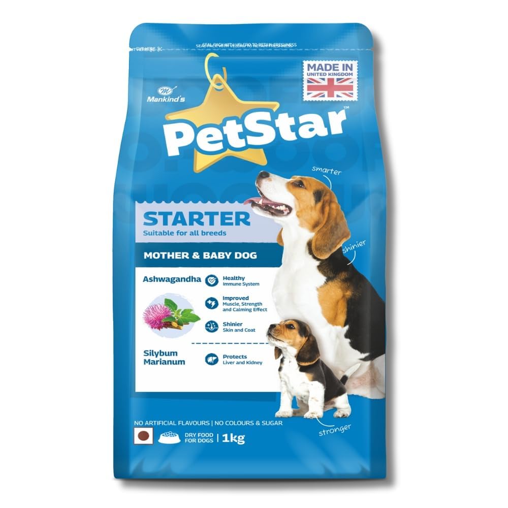 61A0PIIeofL.716muWbBS5L.jpg Mankind PetStar Starter Dry Dog Food (High Protein) for Mother & Puppy, 1kg Pack | Improves Muscle & Strength, Supports Immunity, Protects Liver & Kidney | Gestation/Lactation Support - Image 1