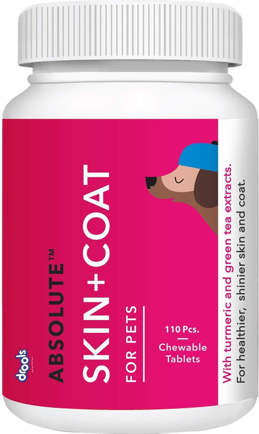 61Ahos7X5cL.716muWbBS5L.jpg.jpg Absolute Dog Supplement Tablet, Skin+ Coat 400g 110 Pieces Jar | Turmeric Flavour | Supports Skin& Food Sensitivity | Supports Skin Natural Barrier | Nutrients Rich Botanical - Image 1