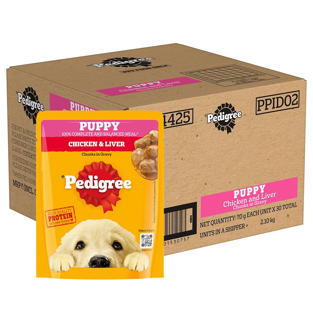 61DS-0OnHcL.716muWbBS5L.jpg Pedigree Puppy Wet Dog Food, Chicken Chunks in Gravy, 70 g (Pack of 30), Complete & Balanced Meal for Puppies - Image 1