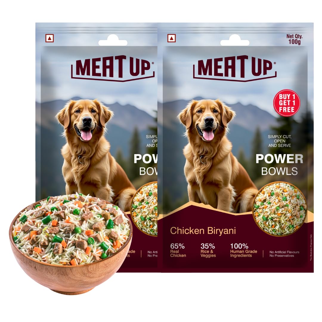 61DbWSUK9VL.716muWbBS5L.jpg Meat Up Fresh Dog Food Chicken Biryani, for Adult & Puppy, 100+100gm | High Protein, 65% Real Chicken, 35% Rice & Veggies | No Preservatives | Ready to Serve | One Pack One Meal (Pack of 7) - Image 1