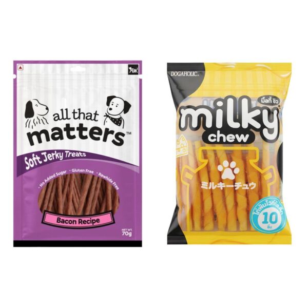 Dogaholic Milky Chew Chicken Stick Style Dog Treats, 10 Pieces and All that Matters™ Bacon Recipe Soft Jerky, Gluten Free, Combo Pack