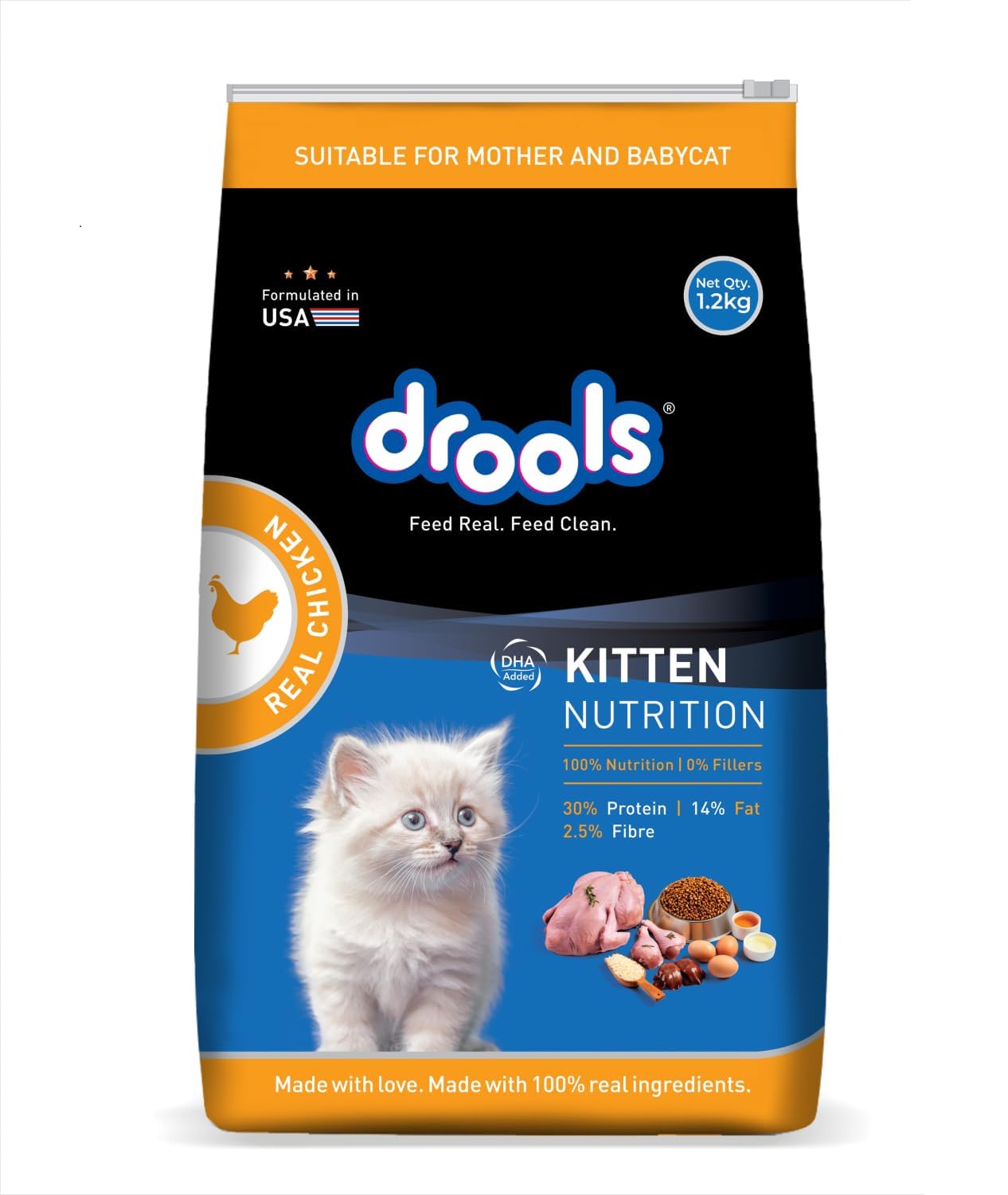 61FPzaFMLL.716muWbBS5L.jpg Kitten (1-12 Months) Dry Cat Food 1.2kg Pack | Real Chicken Flavour | Supports Skin & Coat | Complete Nutrition | Aids Digestion | Promotes Growth - Image 1