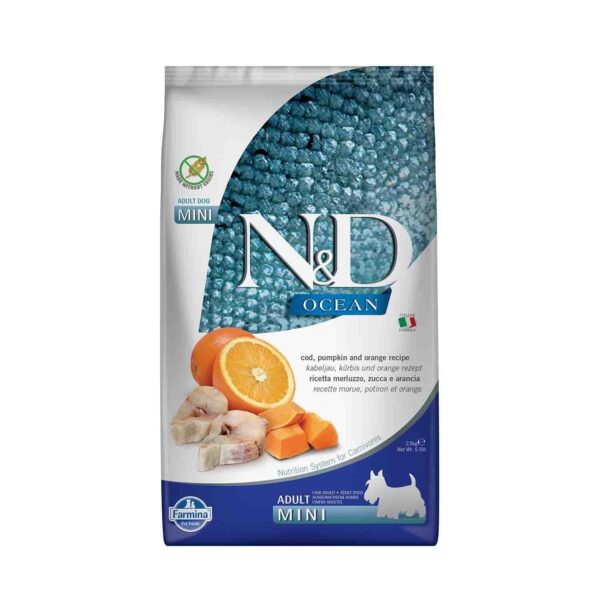 FARMINA N&D Ocean Dry Dog Pet Food, Grain-Free, Adult Mini Breed, 2.5-kg, Codfish Pumpkin and Orange