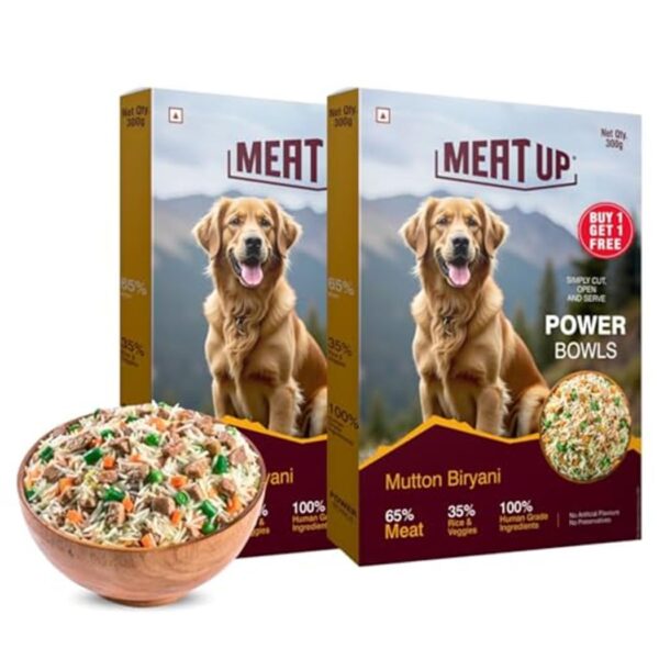 Meat Up Fresh Dog Food Mutton Biryani (300g + 300g) 600g | High Protein, 65% Real Meat, 35% Rice & Veggies | No Preservatives | Ready to Serve | All Breeds | Single-Serve Meal
