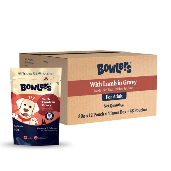 Bowlers Adult Wet Dog Food | Lamb in Gravy |80 GMS (Pack of 48)| Gluten Free | Supports Hydration | Smooth Digestion & Healthy Coat
