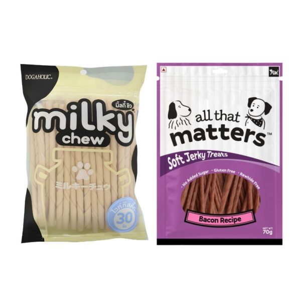 Dogaholic Milky Chew Stick Style Dog Treats Combo with All that Matters Bacon Recipe Soft Jerky, Gluten Free, No Added Sugar