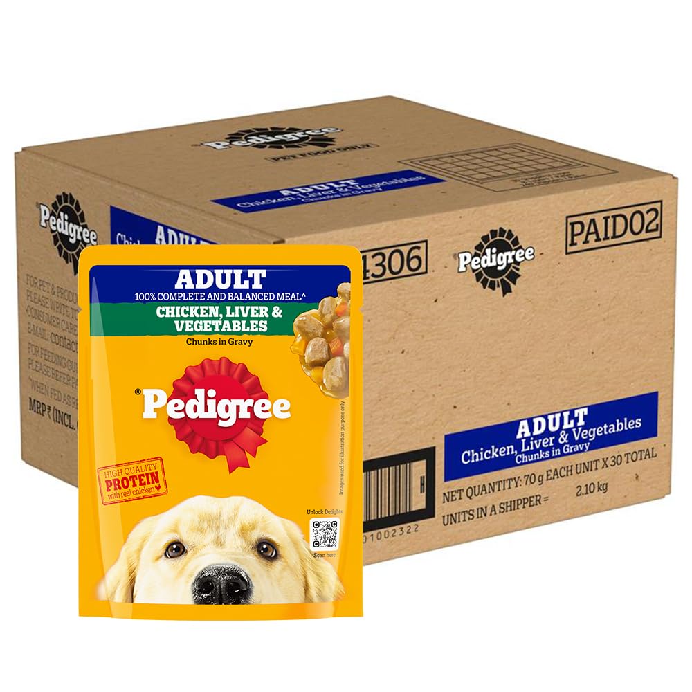 61Ldxymk6qL.716muWbBS5L.jpg Pedigree Adult Wet Dog Food, Grilled Liver Chunks Flavour in Gravy with Vegetables, 70 g (Pack of 30), Complete & Balanced Nutrition for Adult Dogs - Image 1