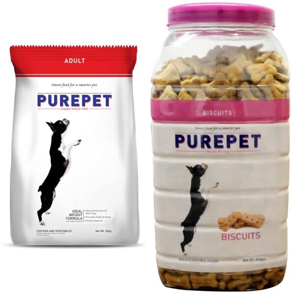 Purepet Chicken and Vegetable Adult Dry Dog Food - 20kg&Purepet Mutton Flavour, Real Chicken Biscuit, Dog Treats- Jar, 455g