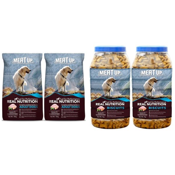 Meat Up Adult Dog Food & Treats Bundle - Chicken 20kg + Biscuits 2kg