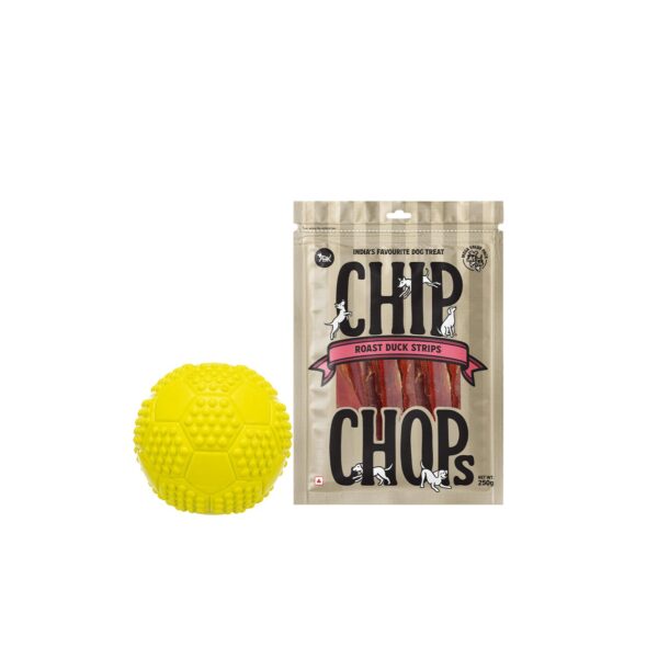 Combo of Chip Chops Roast Duck Strips Dog Treats, 250 g and Trixie Natural Rubber Sports Ball Toy for Dogs
