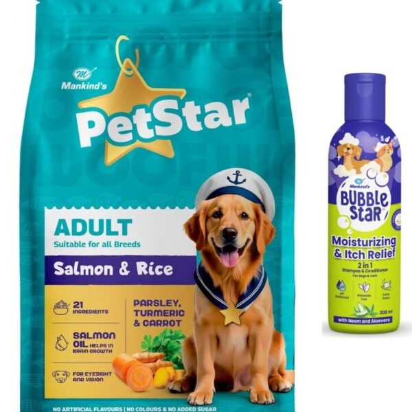 PetStar Adult Dry Dog Food (High Protein) Salmon & Rice Flavor, 3kg and Mankind BubbleStar Neem & Aloe Vera 2-in-1 Shampoo & Conditioner for Dogs & Cats,200 ml
