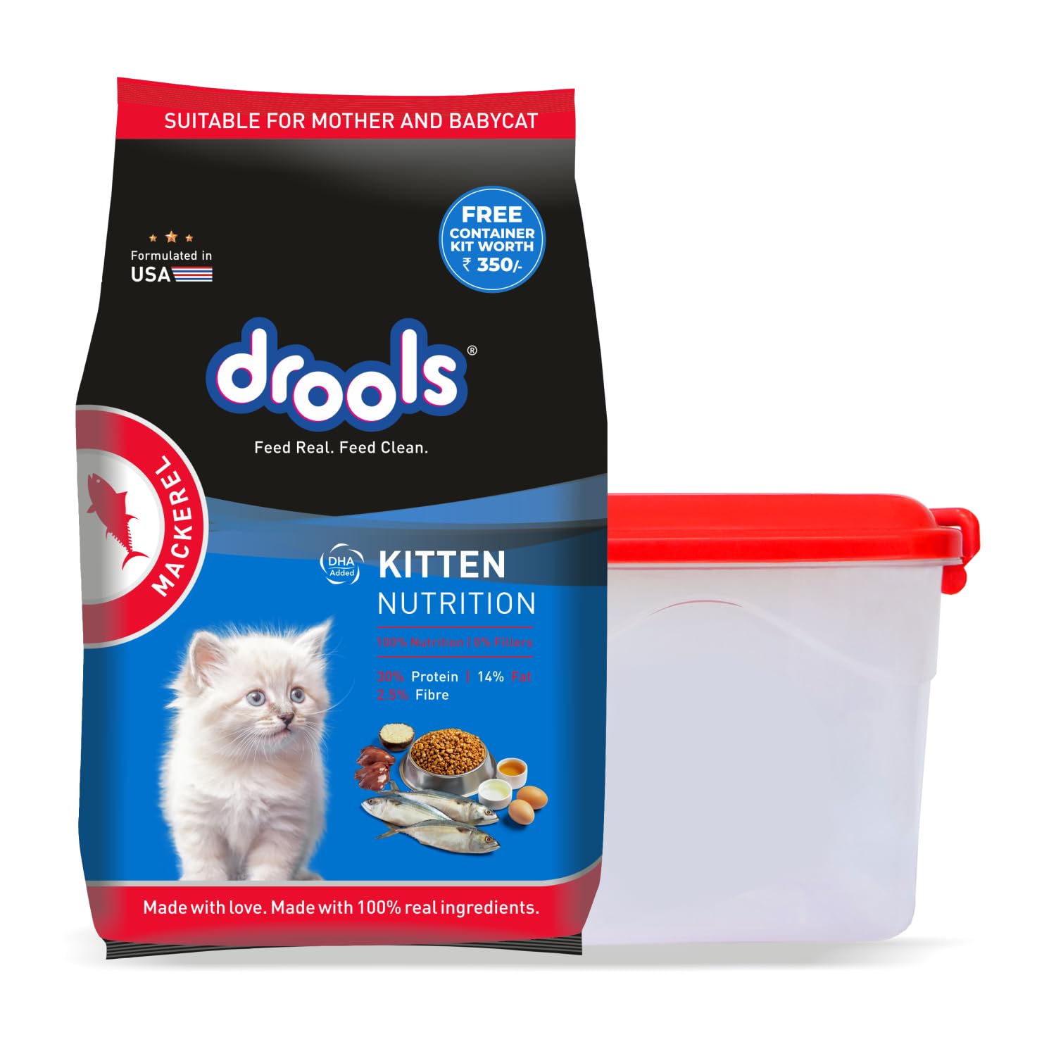 61QtTmZYaOL.716muWbBS5L.jpg Kitten Dry Cat Food, Mackerel Flavour 1 kg with Free Container Pack - Image 1