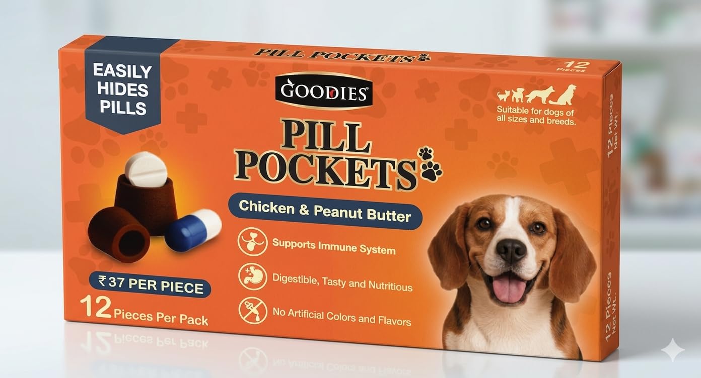 61Y2J-kqiL.716muWbBS5L.jpg Goodies Pill Pockets Dog Treats, Chicken and Peanut Butter Flavor, 12 Soft Chews, Supports Immune System, for All Breeds (Pack of 1 with 12 Soft Chews - 38g) Exclusively Newly launched By - Image 1