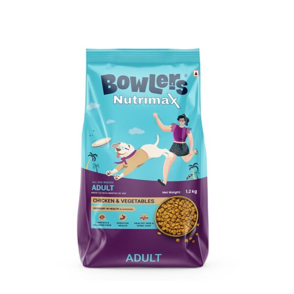 Bowlers Nutrimax Adult Dry Dog Food | Chicken & Vegetables |1.2 kg Pack of 2 with 400ml bowl worth Rs 249 free| Smooth Digestion & Healthy Coat|Balanced Nutrition | Enriched with Essential Amino Acids