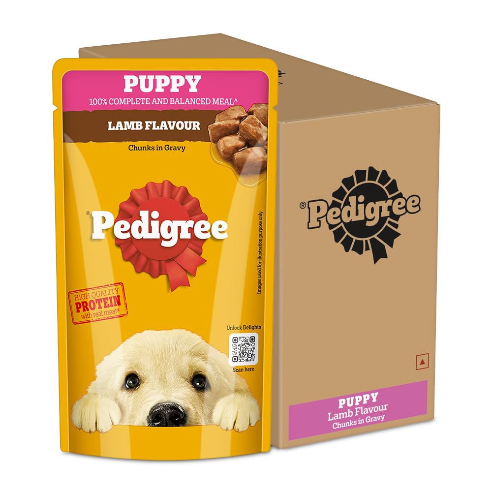 61Zt8cQglML.716muWbBS5L.jpg Pedigree Puppy Wet Dog Food, Lamb Flavour Chunks in Gravy, 130 g (Pack of 12), Complete & Balanced Meal for Puppies - Image 1
