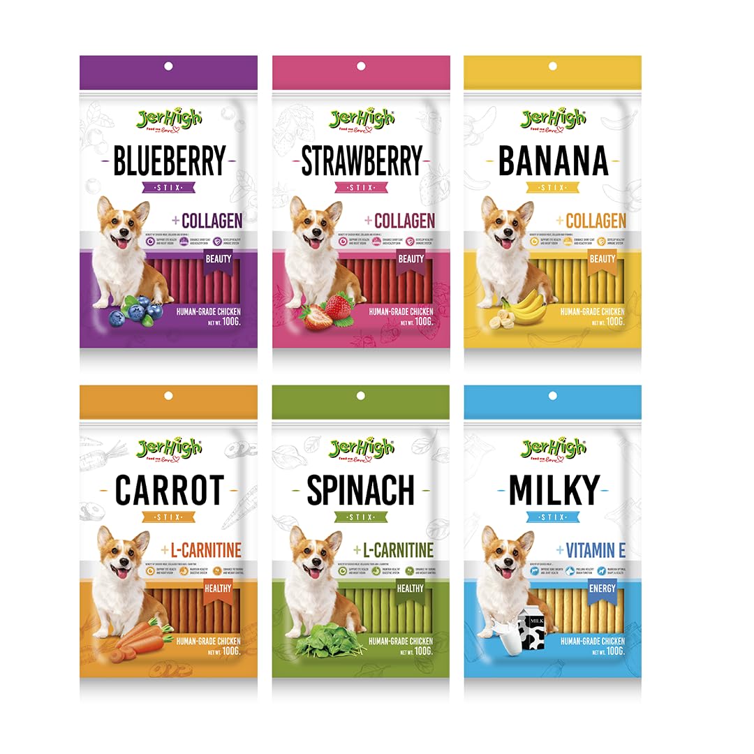 61ciSxXfdL.716muWbBS5L.jpg Real Stick Chicken Food with Spinach, Blueberry, Carrot, Strawberry, Milky and Banana Flavor Combo Set for Dogs Treat All Life Stages (100g) - 6 Pack by DogsNCats - Image 1