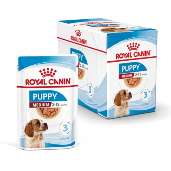 Royal Canin Medium Puppy for Stage 3 Puppies, Puppy Food, 140 Grams, Pack of 10 Sachet, Wet Food, Supports Strong immunity System & Brain Health, Promotes overall development