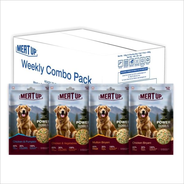 Meat Up Dog Fresh Pet Food Weekly Combo Pack of 4 Biryanis – Mutton, Chicken, Veg & Pumpkin (4 x 100g + 400g) Total 800g