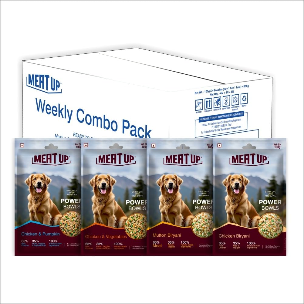 61k5YCVhT1L.716muWbBS5L.jpg Meat Up Dog Fresh Pet Food Weekly Combo Pack of 4 Biryanis – Mutton, Chicken, Veg & Pumpkin (4 x 100g + 400g) Total 800g - Image 1