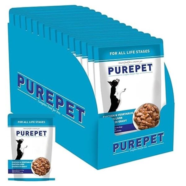 Purepet Wet Gravy Chunks Dog Food Pack of 15 (15 x 70g) 1050g | Chicken and Vegetable Flavour | Immune Support | Oral Health | Healthy Bones & Stronger Teeth (All Life Stages)