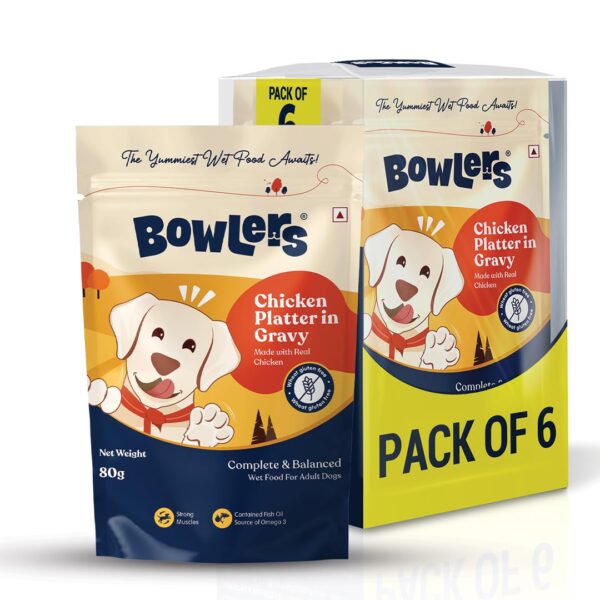 Bowlers Adult Wet Dog Food | Chicken Platter in Gravy |80 GMS (Pack of 6)| Gluten Free | Supports Hydration | Smooth Digestion & Healthy Coat | Shelf Life 24 Months