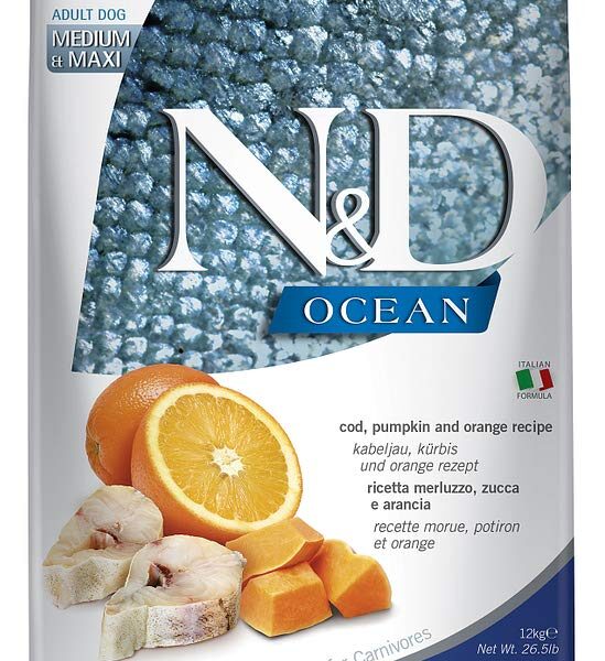Farmina N&D Ocean Adult Med/Maxi Dog Food | Codfish & Orange | Supports Overall Health | Complete Food for Adult Dogs | 12kg | No Artificial Preservatives