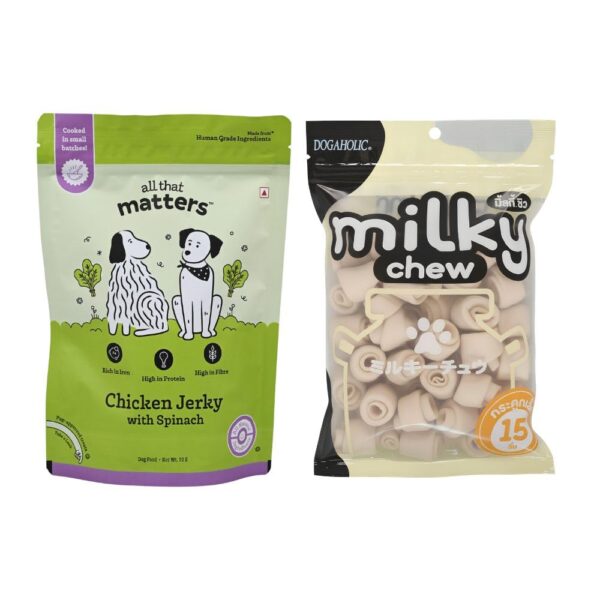 Dogaholic Milky Chew Bone Style Dog Treats, 15 Pieces & All that Matters™ Chicken Jerky with Spinach, 70g