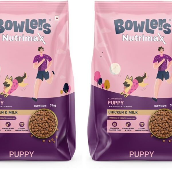 Bowlers Nutrimax Puppy Dry Dog Food | Chicken & Milk |3 kg | Smooth Digestion & Healthy Coat | Promote Healthy Growth | Strong Bones & Muscle Development (Pack of 2)
