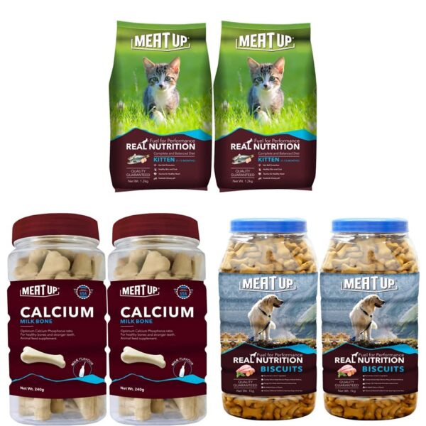 Meat Up Kitten (1-12 Months) Dry Cat Food, Ocean Fish, 1.2kg (B1G1) & Chicken Flavor Real Chicken Biscuit, 1kg & Calcium Bone Jar, Dog Supplement Treats -240g, 30 Pieces (B1G1)