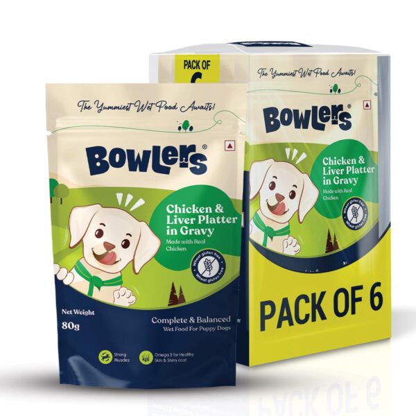 Bowlers Wet Dog Food for Puppies, Chicken & Liver Platter in Gravy (Pack of 6)